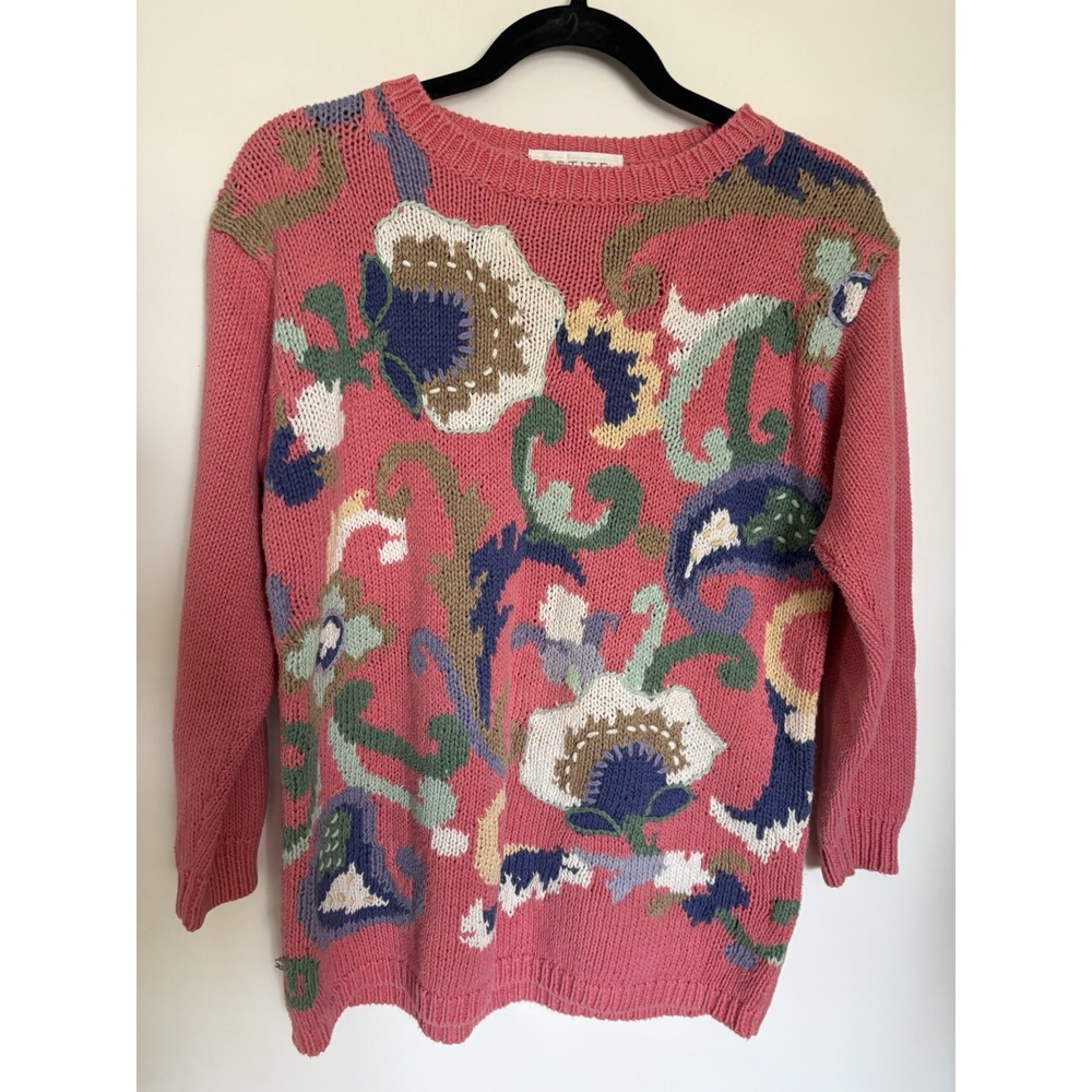 Vintage 90's Petite Sophisticate Floral Embroidered Beaded Chunky Knit Sweater M